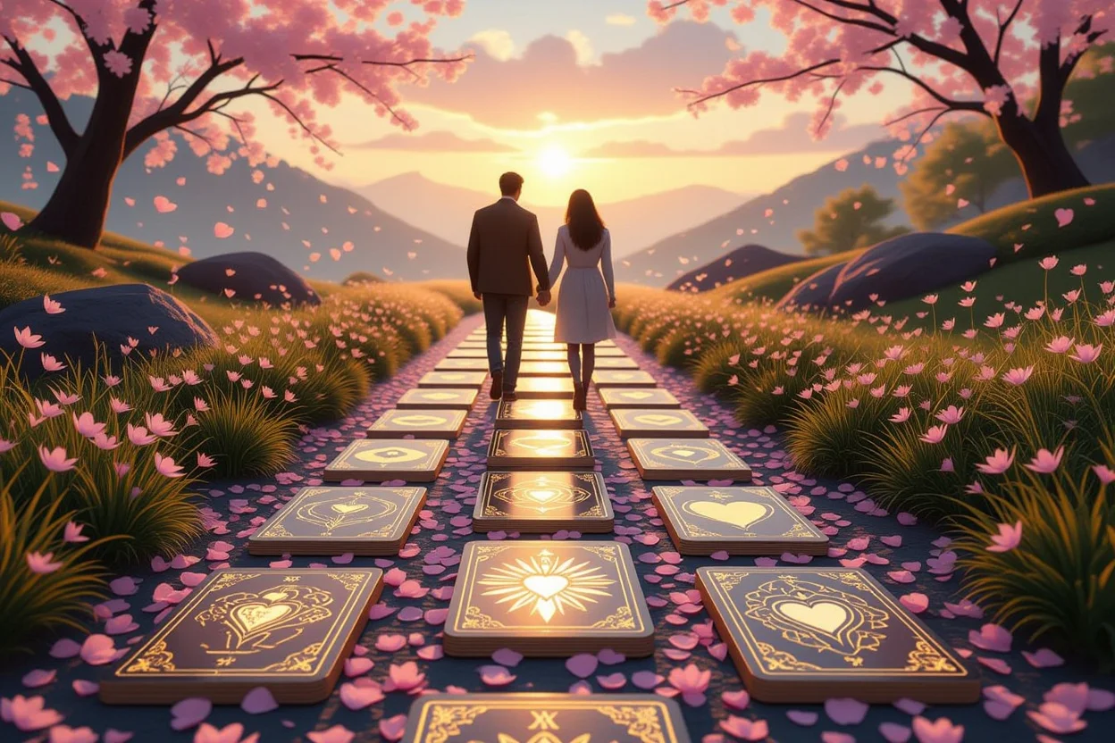 続く愛への道筋を示すタロットカードの光る小道を歩むカップルの未来への希望