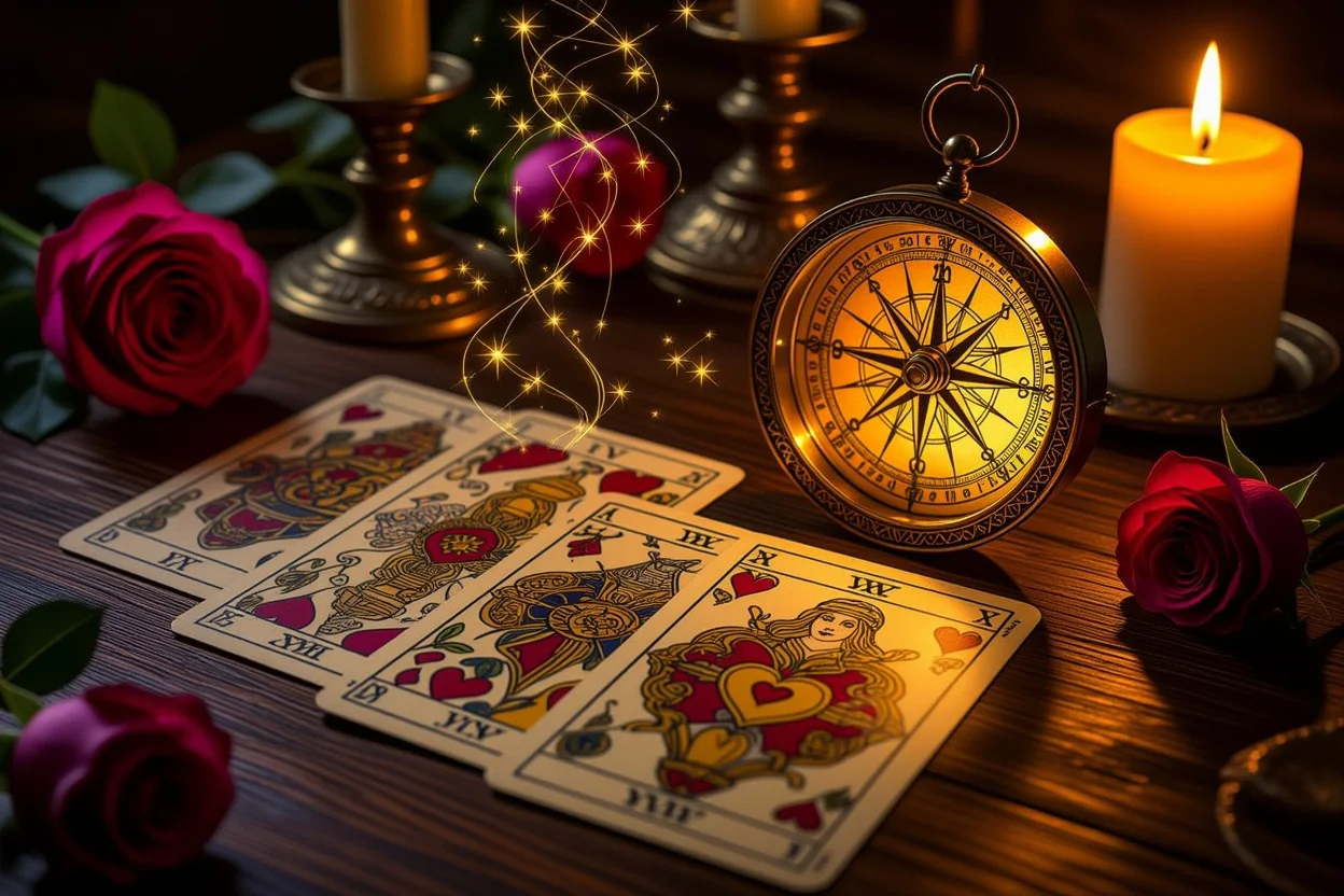 恋愛タロットカードと羅針盤で心の方向性を見つける神秘的なシーン