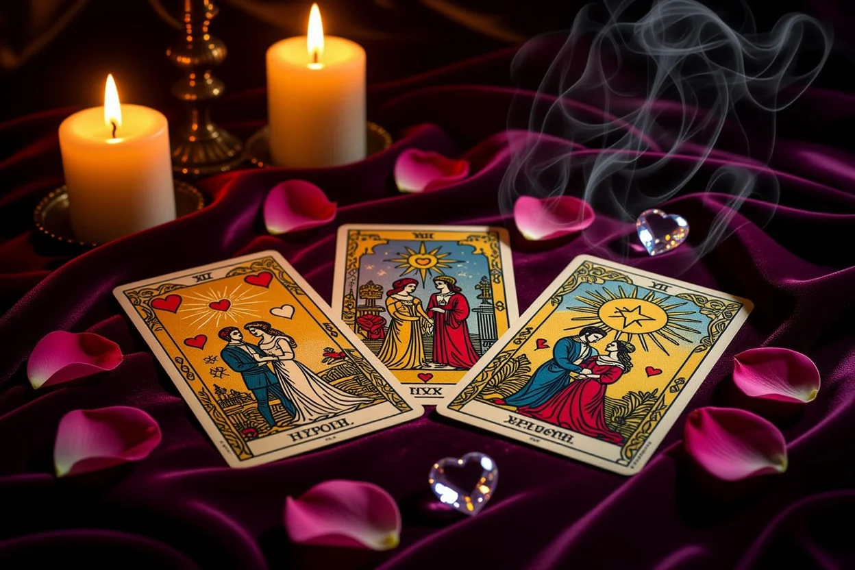 恋愛タロット占いの神秘的なシーン、ろうそくの光とバラの花びらに囲まれたタロットカード