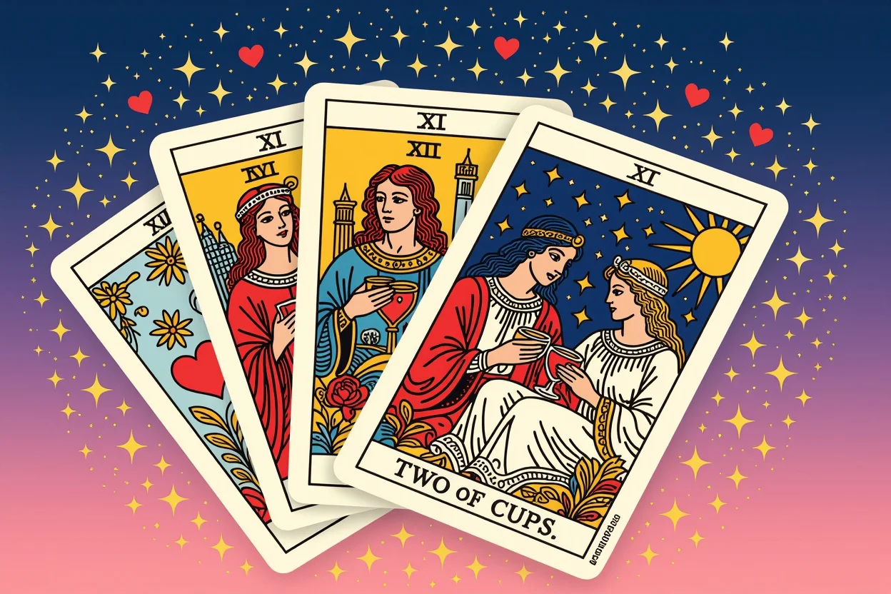 恋愛運を示すタロットカードのクローズアップ、恋人や感情のカードが美しく描かれた神秘的な画像