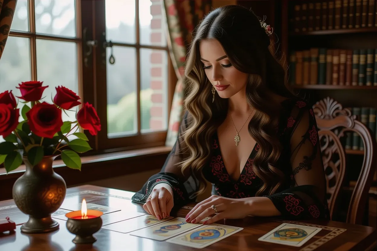 恋愛タロット占いを行う女性、月光の下で神秘的な雰囲気の中でカードを読んでいる様子
