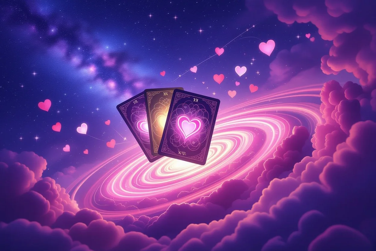 宙に浮かぶ恋愛タロットカード、ハートやバラのシンボルに囲まれた運命的な愛を表現する幻想的なイメージ