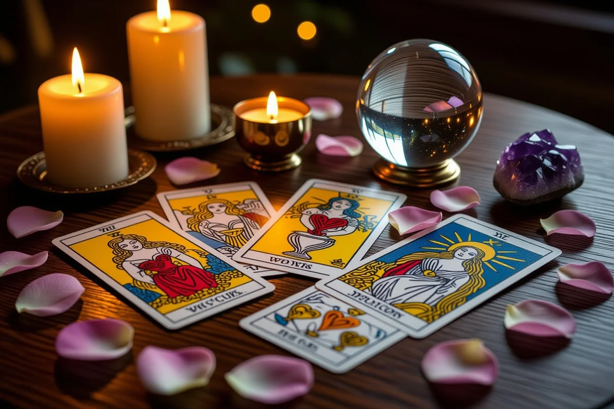 恋愛タロット占いのカードスプレッド、キャンドルライトに照らされた神秘的な雰囲気