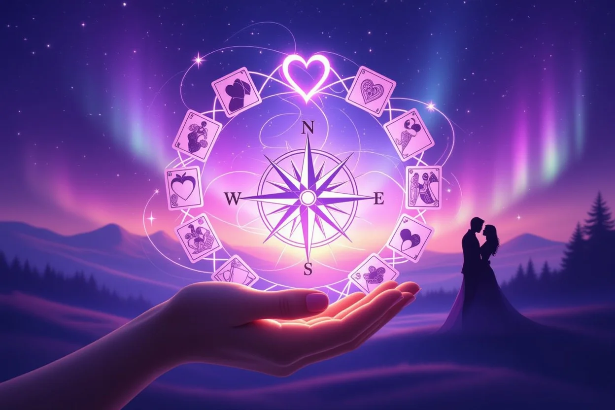 心の羅針盤として機能するタロットカード、恋愛の方向性を示すコンパスのイメージ