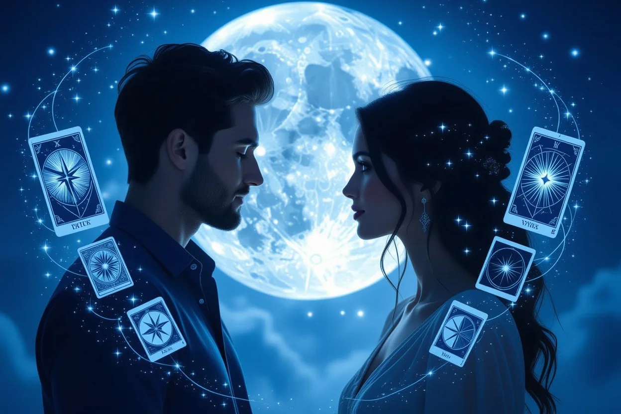 二人の未来を映し出すタロットカード、男女の深層心理を表現した幻想的なイメージ