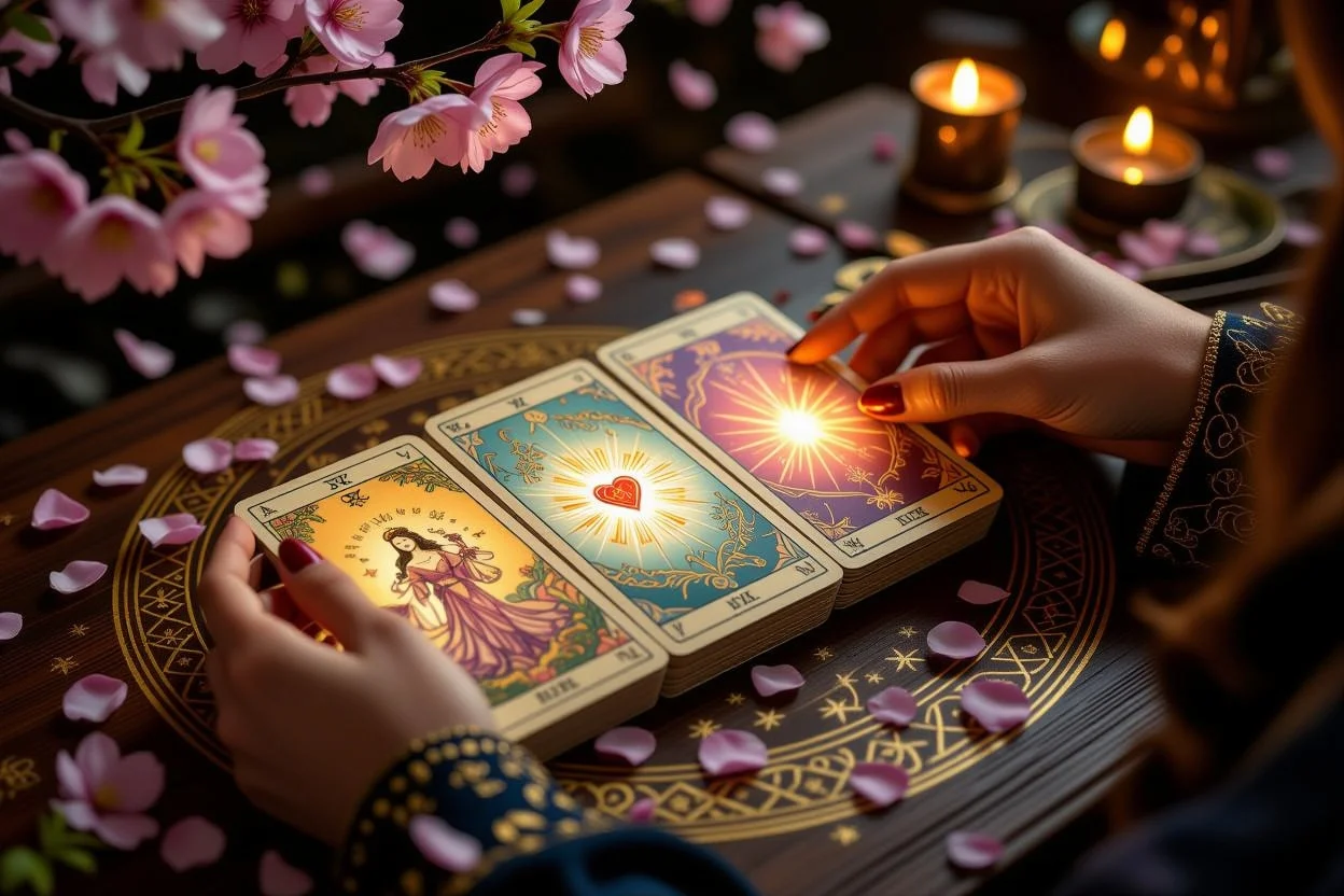 恋愛の過去現在未来を読み解くタロットリーディング、美しいカードと桜の花びら