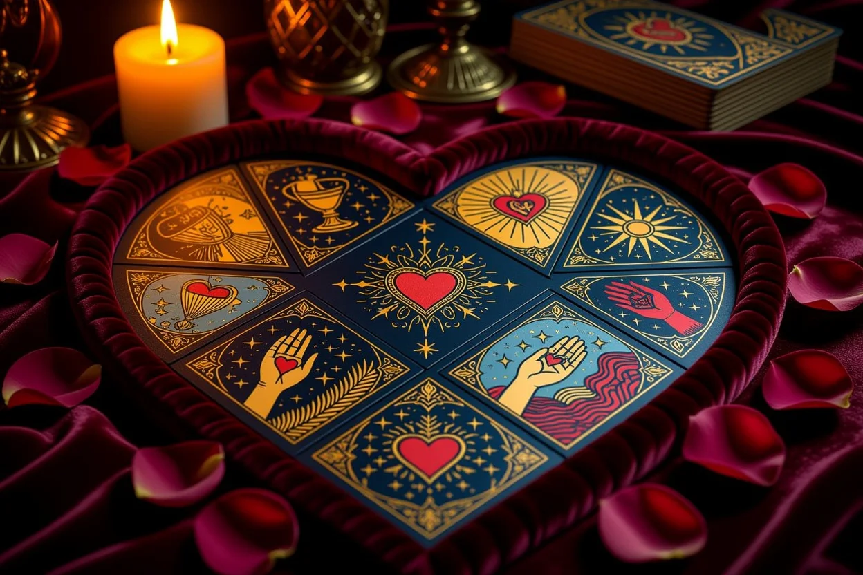 恋愛タロットカードの神秘的なスプレッド、ハート形に配置された美しいカード