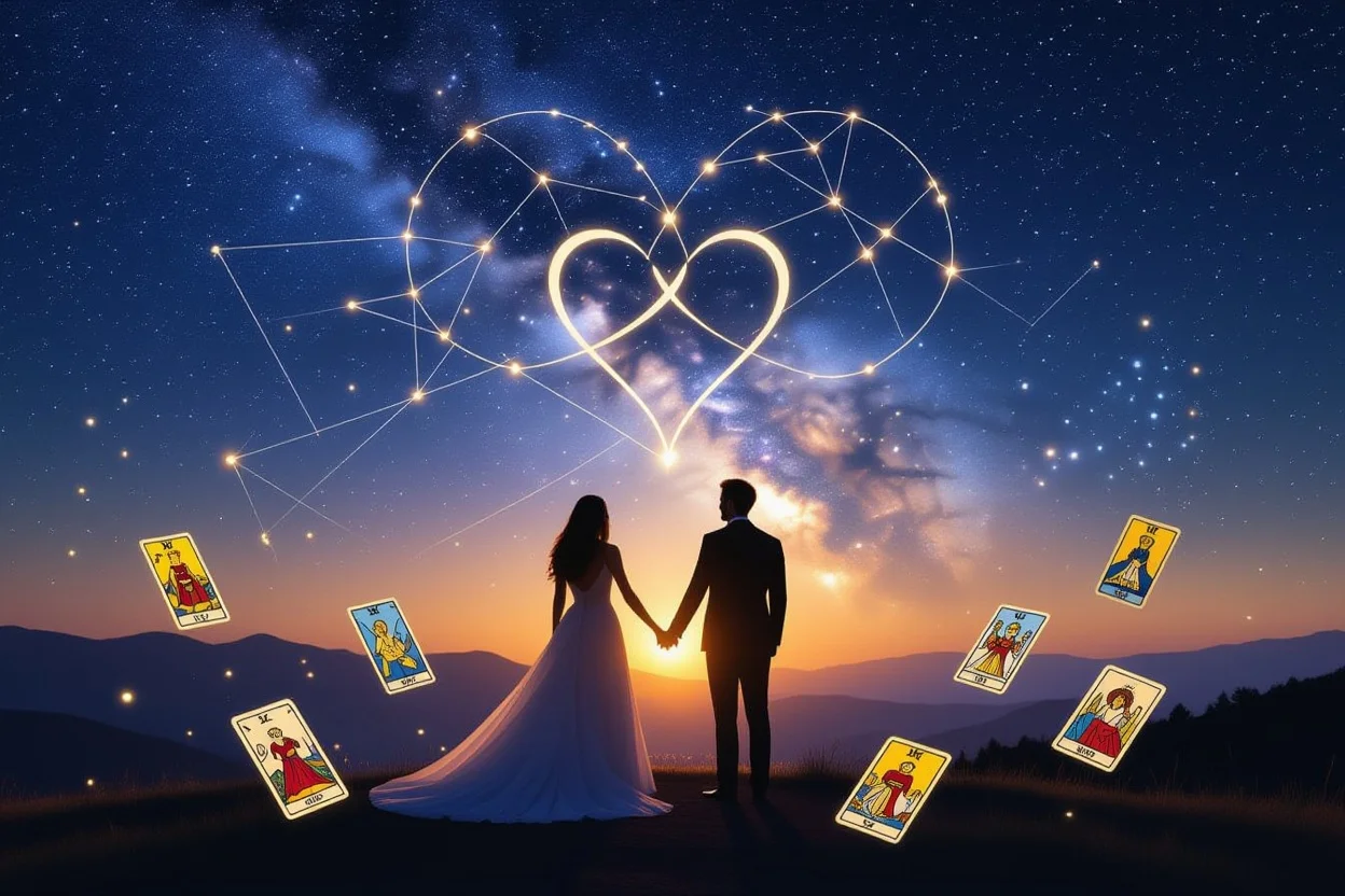 運命の恋人同士のシルエットと星空、タロットカードで導かれる愛の運命