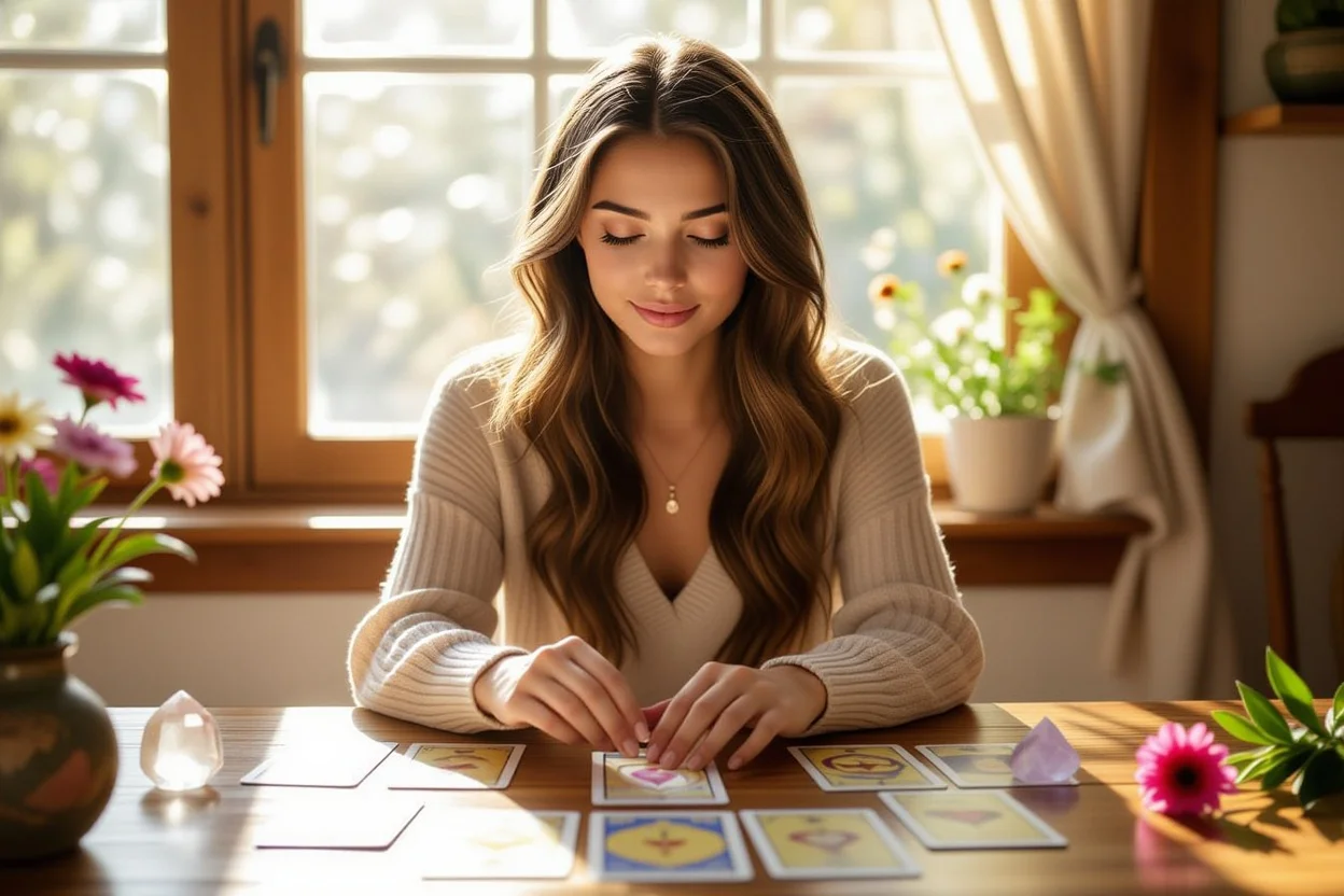 タロットカードで恋愛を占う女性、自分自身の内なる声に耳を傾ける瞬間