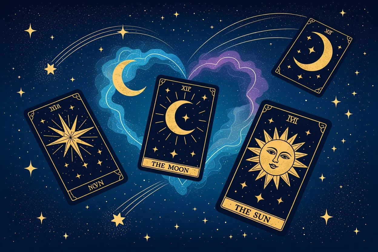 宇宙のエネルギーと恋愛の法則を示すタロットカードの天体図