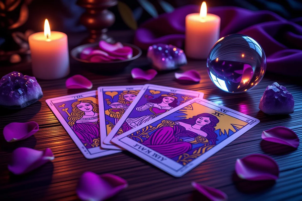 恋愛タロット占いのカードスプレッド、ろうそくの光とバラの花びらで神秘的な雰囲気