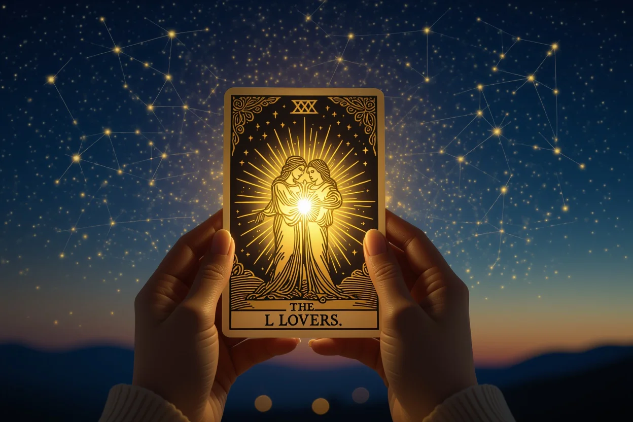運命を変える恋愛タロットカード、星空の下で光る恋人のカード