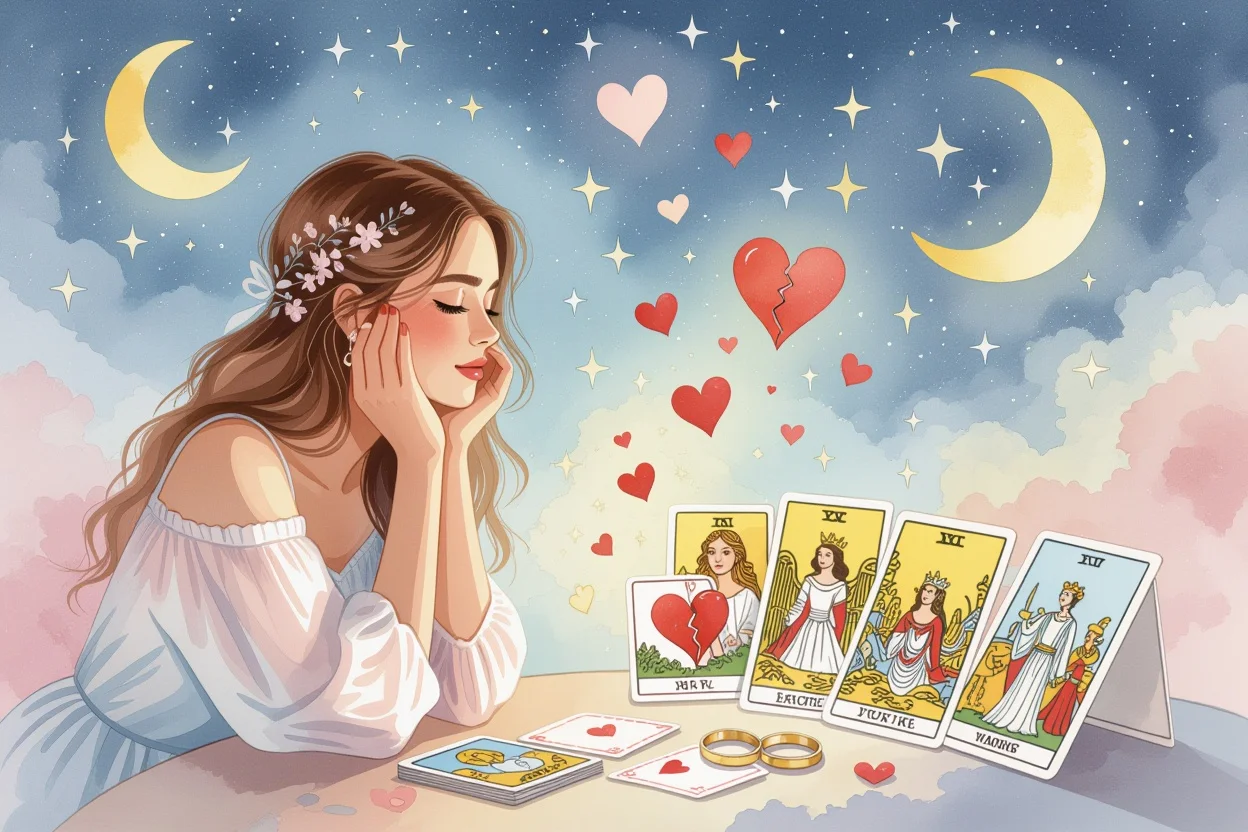片思い・復縁・結婚運を表現するタロットカードのイラスト、恋愛の悩みと希望