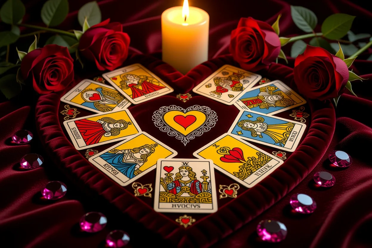 恋愛の未来を創るためのハート型タロットスプレッドと神秘的な雰囲気