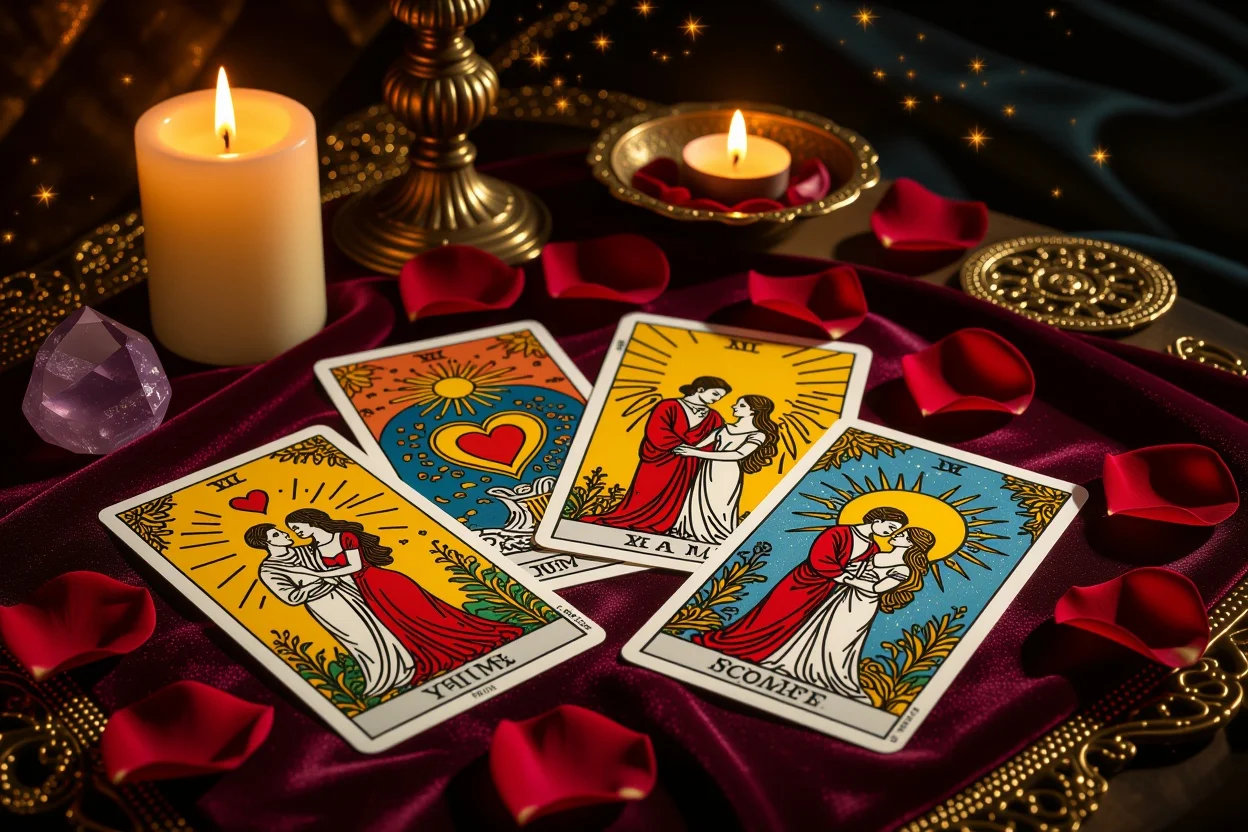 恋愛タロットカードスプレッド、ろうそくの光に照らされた神秘的な占いシーン