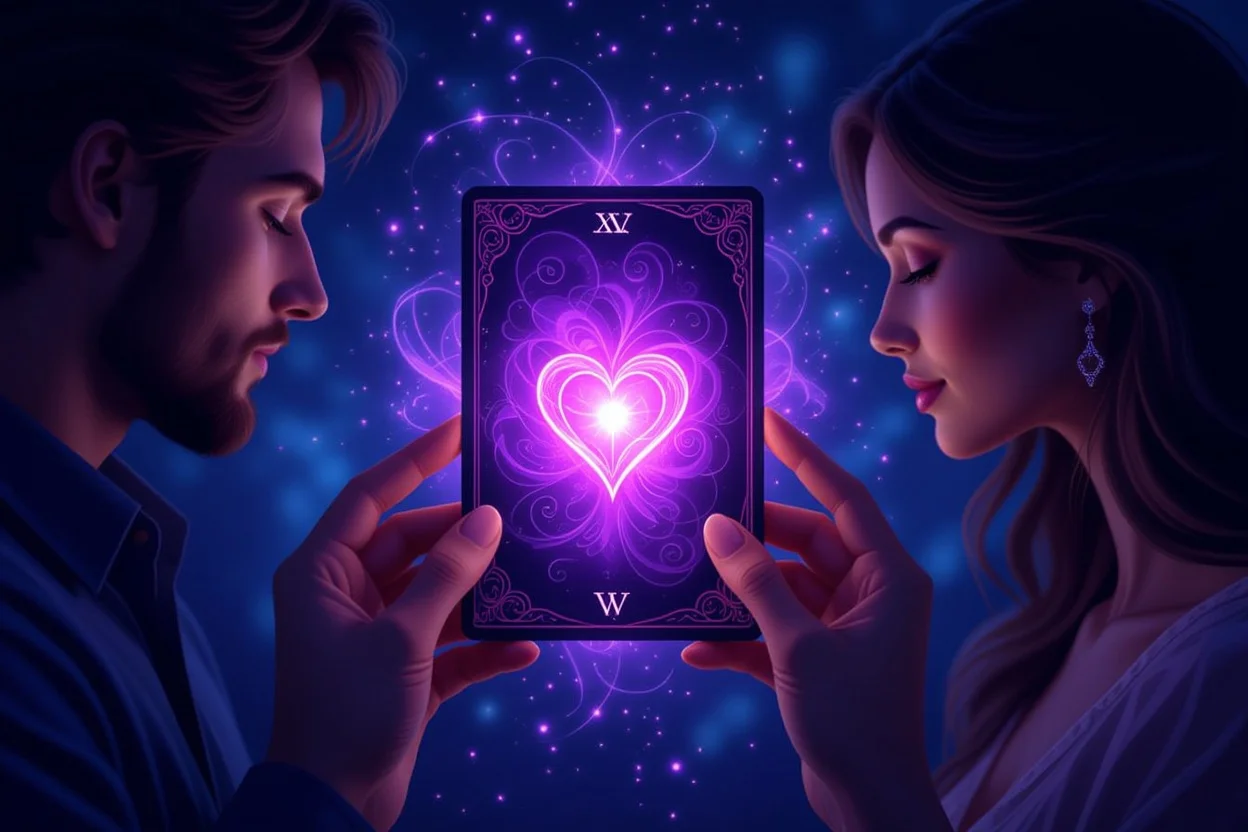 隠された本音を明かすタロットカード、神秘的な光に包まれた恋愛占いの瞬間