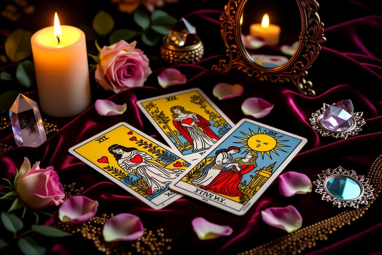 恋愛タロットカードと薔薇の花びらに囲まれた神秘的な占いシーン