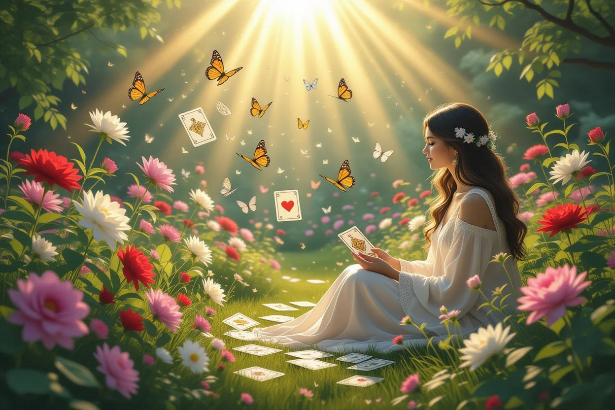タロットカードが花と蝶に変化する成長と変化を象徴する庭園シーン