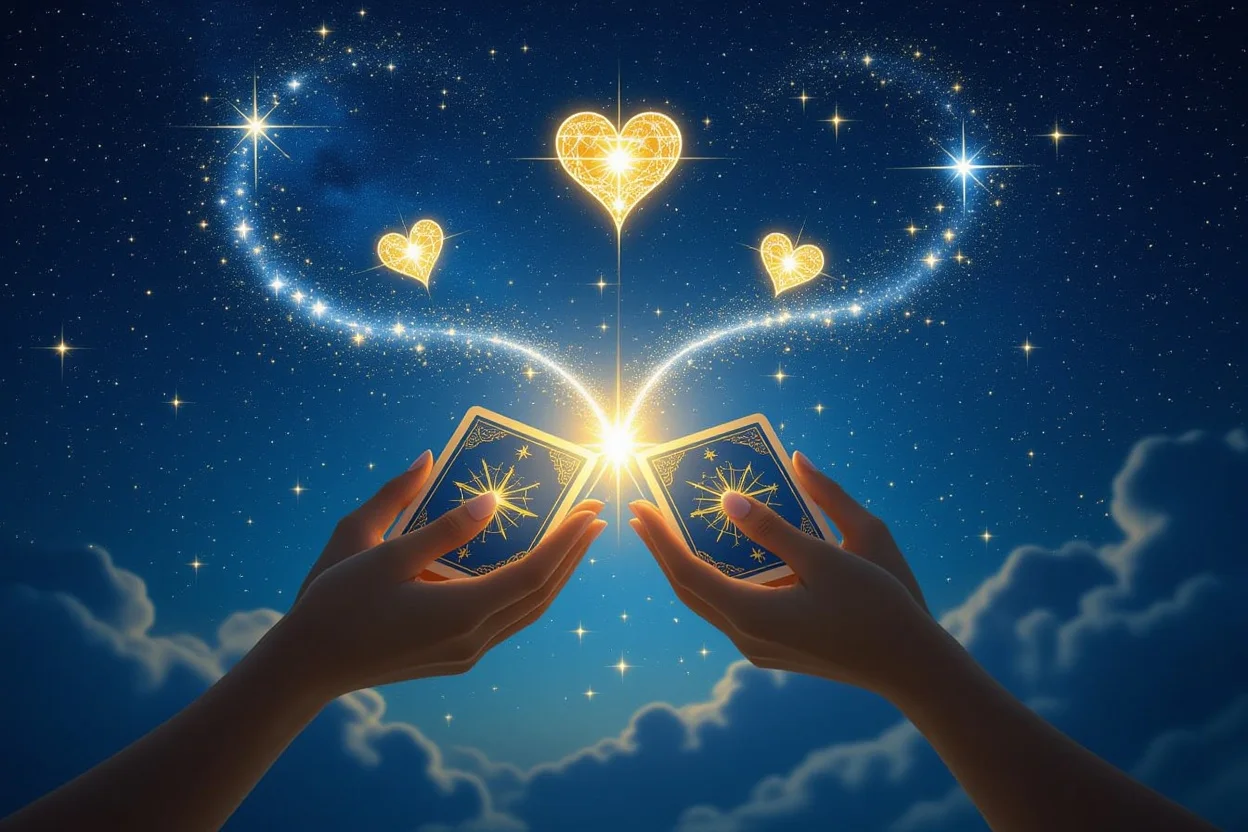 タロットカードから生まれる星屑の道が未来へと続く宇宙的なビジョン