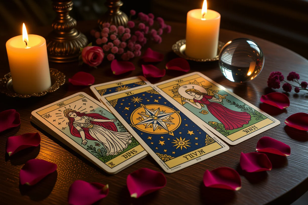 恋愛タロット占いのカードスプレッドとキャンドルライトの神秘的な雰囲気