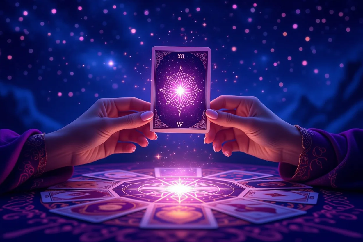 タロットカードを手に持つ瞬間の神秘的な光と星空の背景