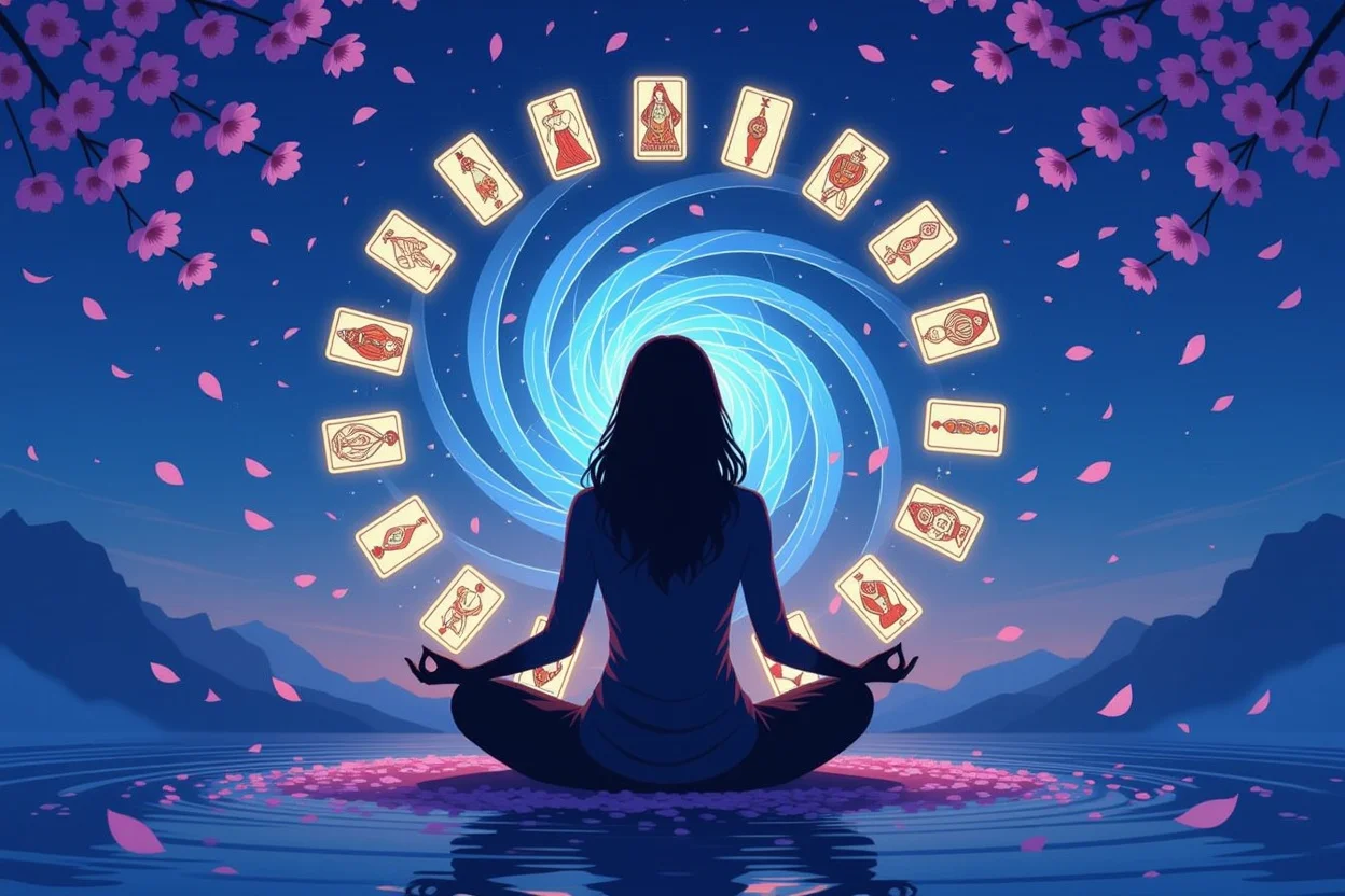瞑想中の女性のシルエットと舞い踊るタロットカードの幻想的なイメージ
