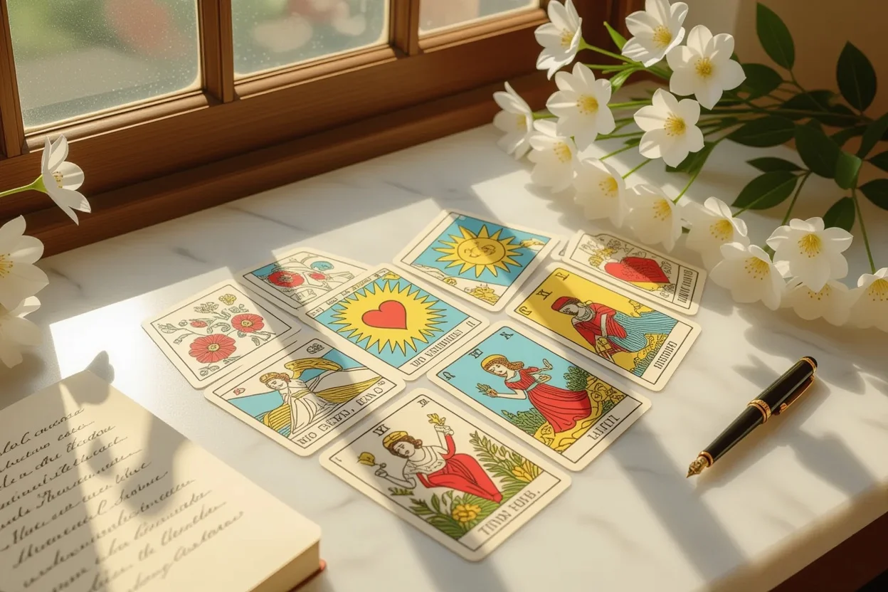 ハート型に並べられた恋愛タロットカードと自然光の美しい配置