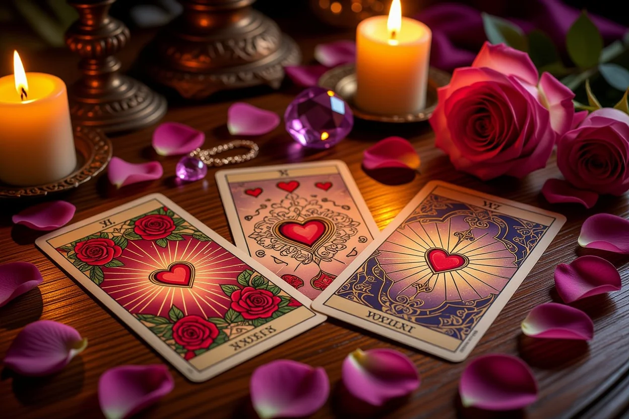 恋愛タロットカード占いのロマンチックなシーン、キャンドルとバラの花びらと共に
