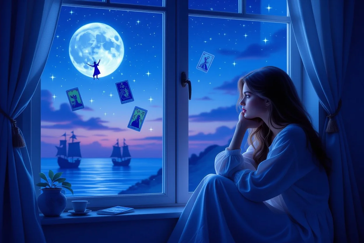 片思いの気持ちを表現したタロットカードと月夜の幻想的なイメージ