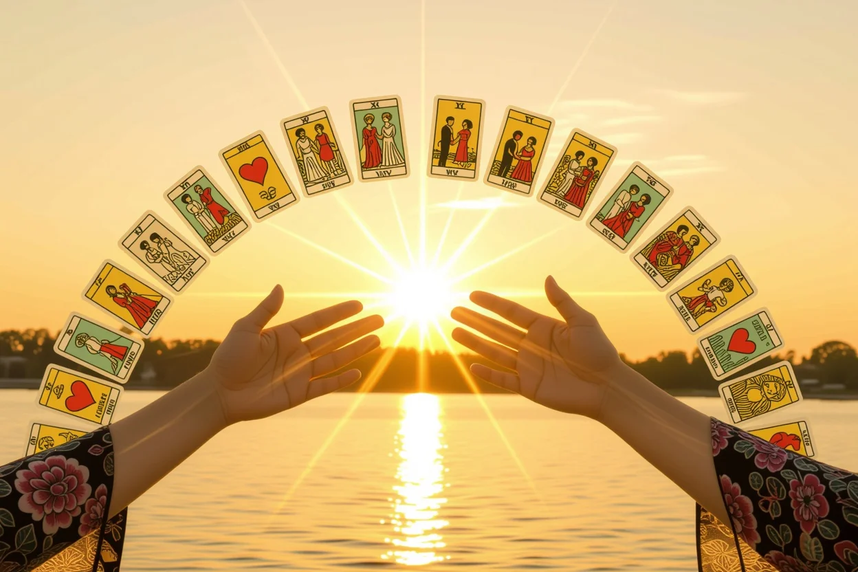 復縁と関係修復を象徴するタロットカードの橋と手を繋ぐロマンチックなイメージ