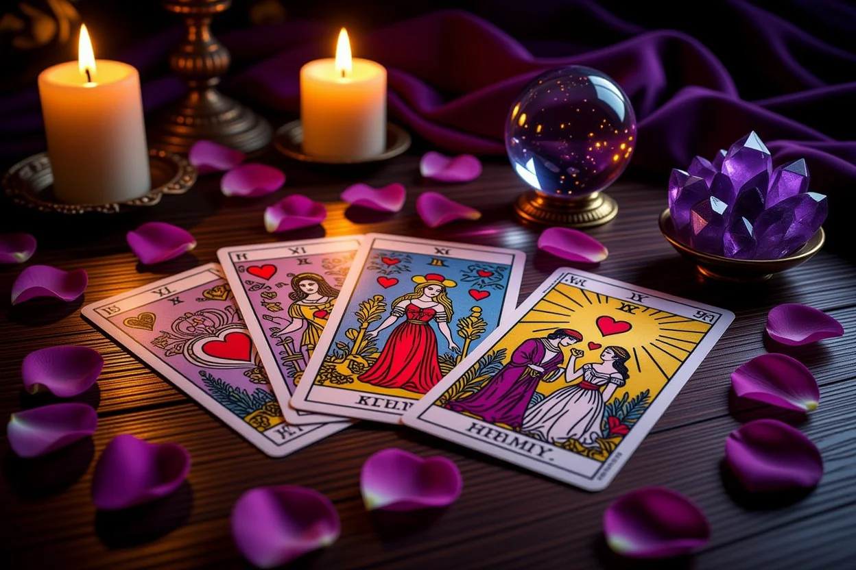 恋愛タロットカード占い・ろうそくの光で照らされた神秘的なタロットスプレッド