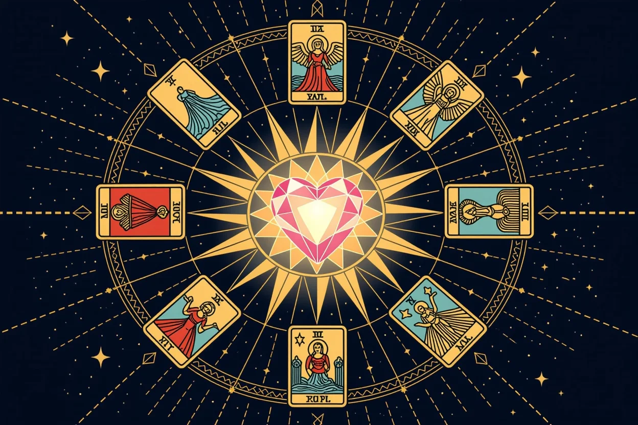 恋愛の道標となるタロットカード・コンパスのように配置された恋愛指針のタロットスプレッド