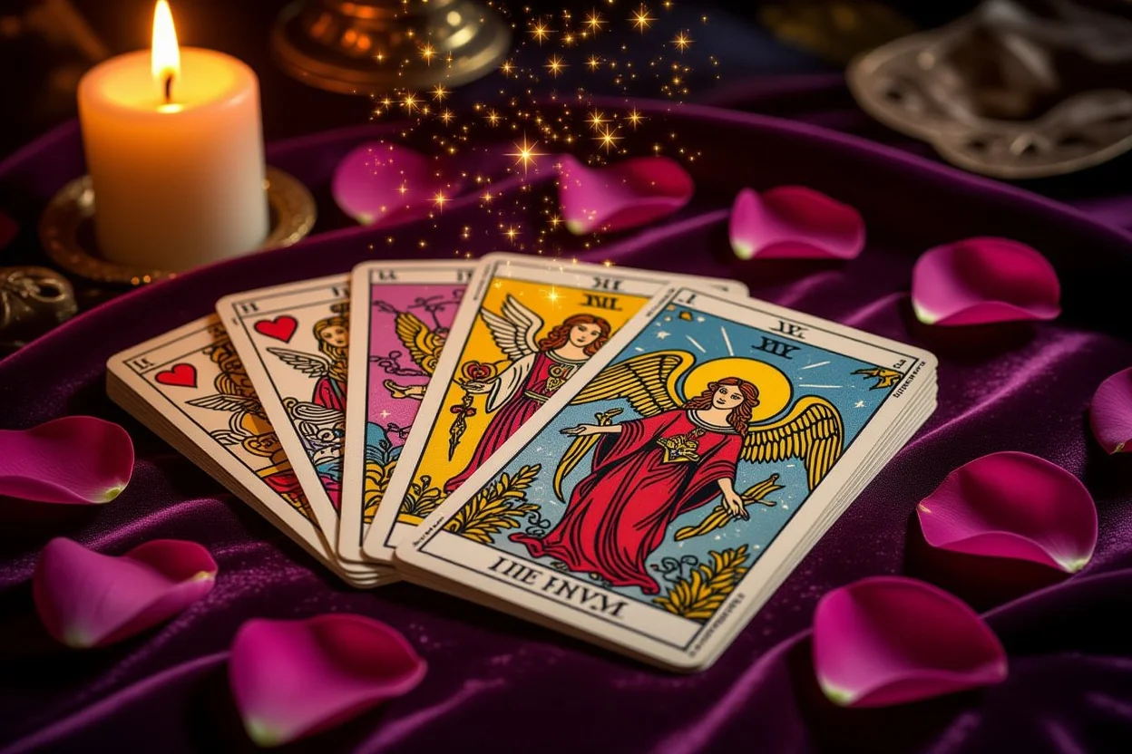 恋愛タロット占いカードとキャンドルの神秘的な雰囲気