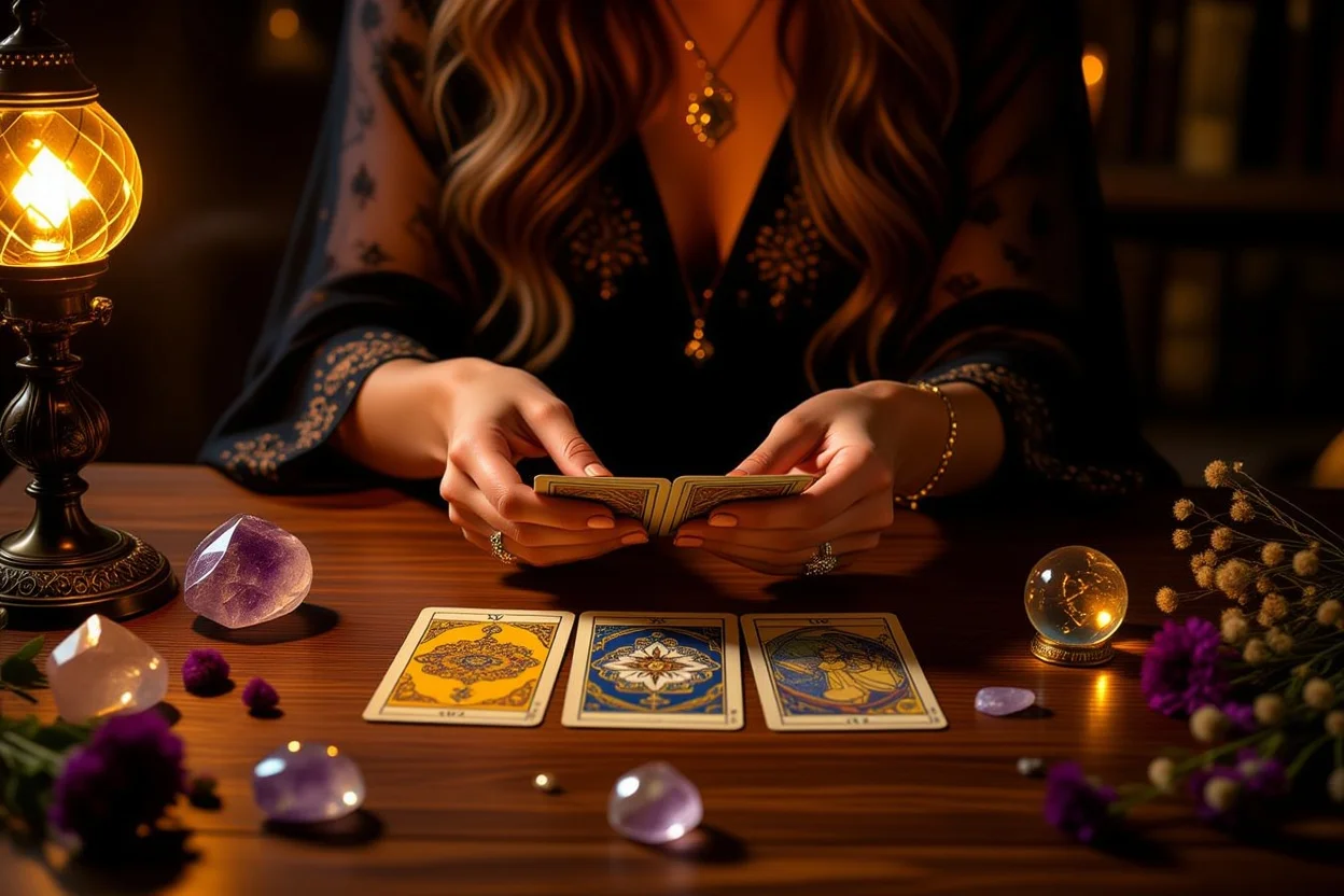 タロット占いを行う女性の手元と神秘的な占いの様子