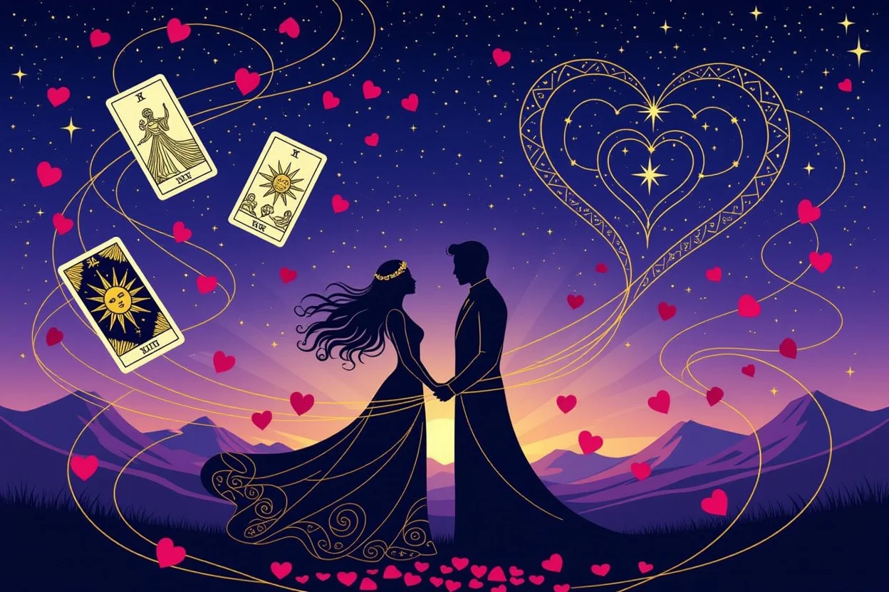 運命の恋を表現する幻想的なタロットとスターライトの背景