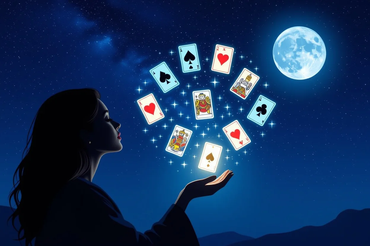 恋愛の深層心理を読み解くタロット占い、月夜に浮かぶ神秘的なカードたち