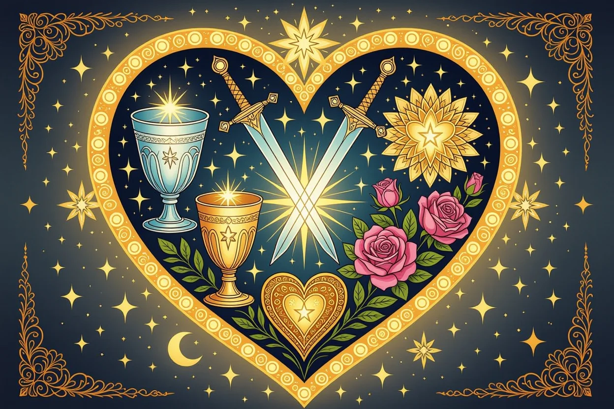 四大スートが織りなすハート型のマンダラデザイン、恋愛運向上のタロットシンボル