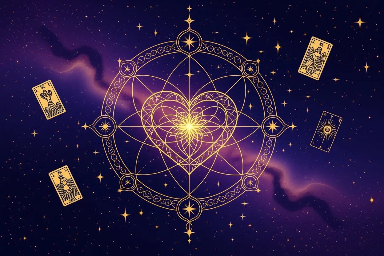 運命のサインと恋愛を表現した神秘的な星空、タロットと宇宙的な愛の象徴