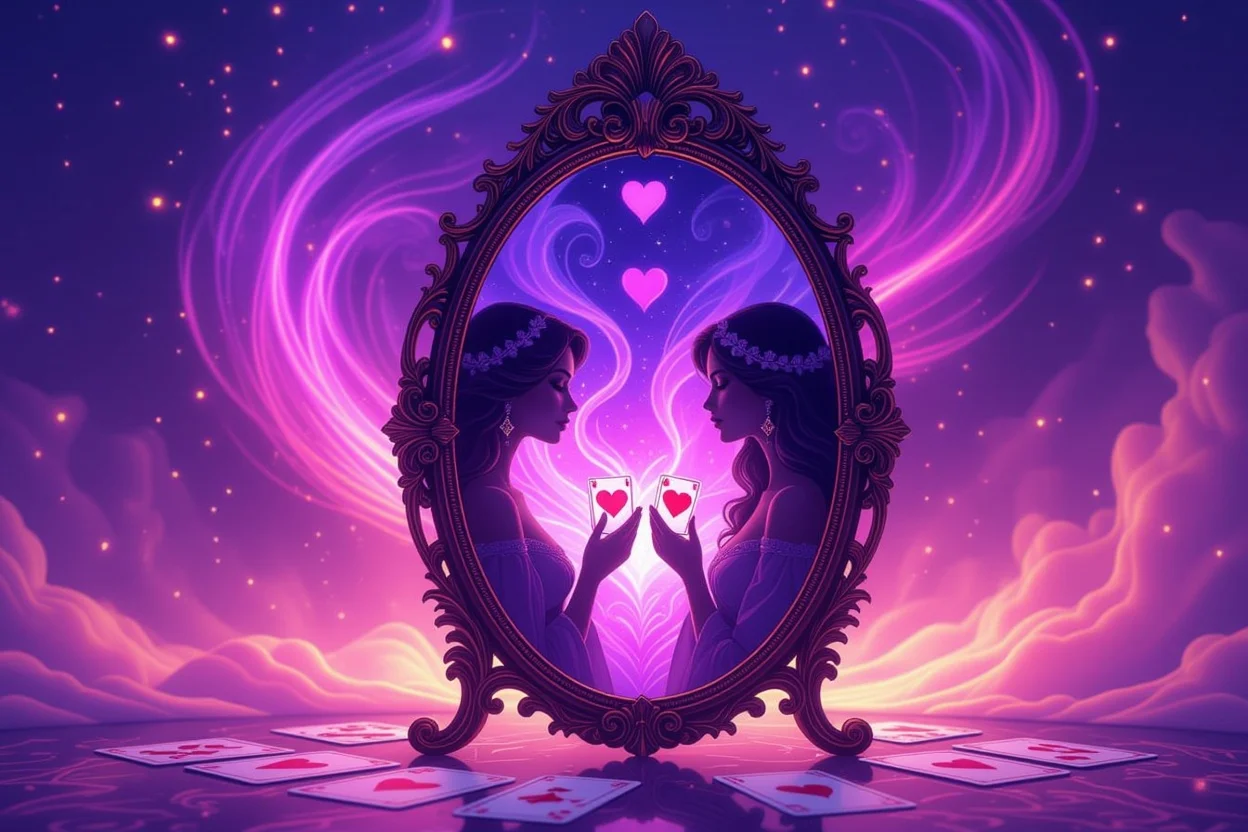 現在地を映し出すタロットカードと鏡、自己分析のイメージ