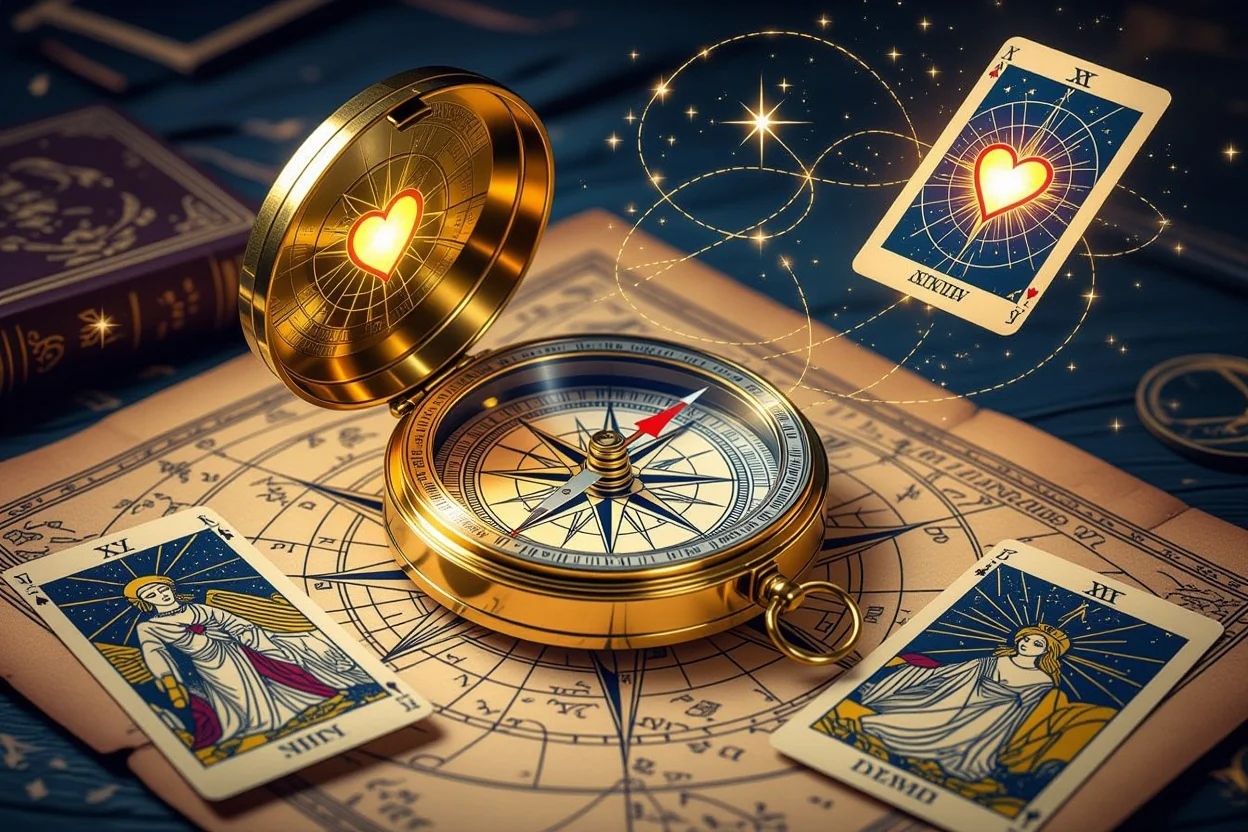 恋愛の方向性を示すタロットカードと羅針盤、人生の指針のシンボル