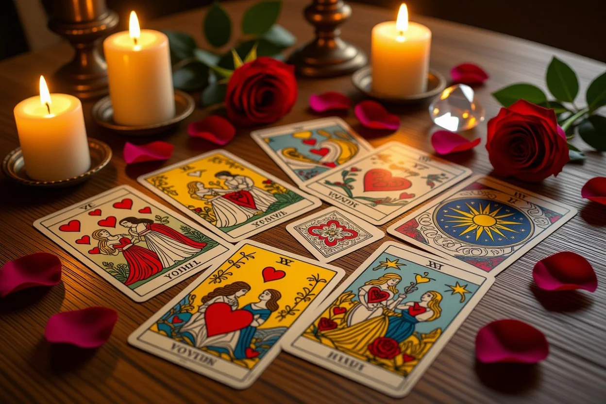 恋愛タロットカードの美しいスプレッド、キャンドルライトに照らされた神秘的な占いの様子