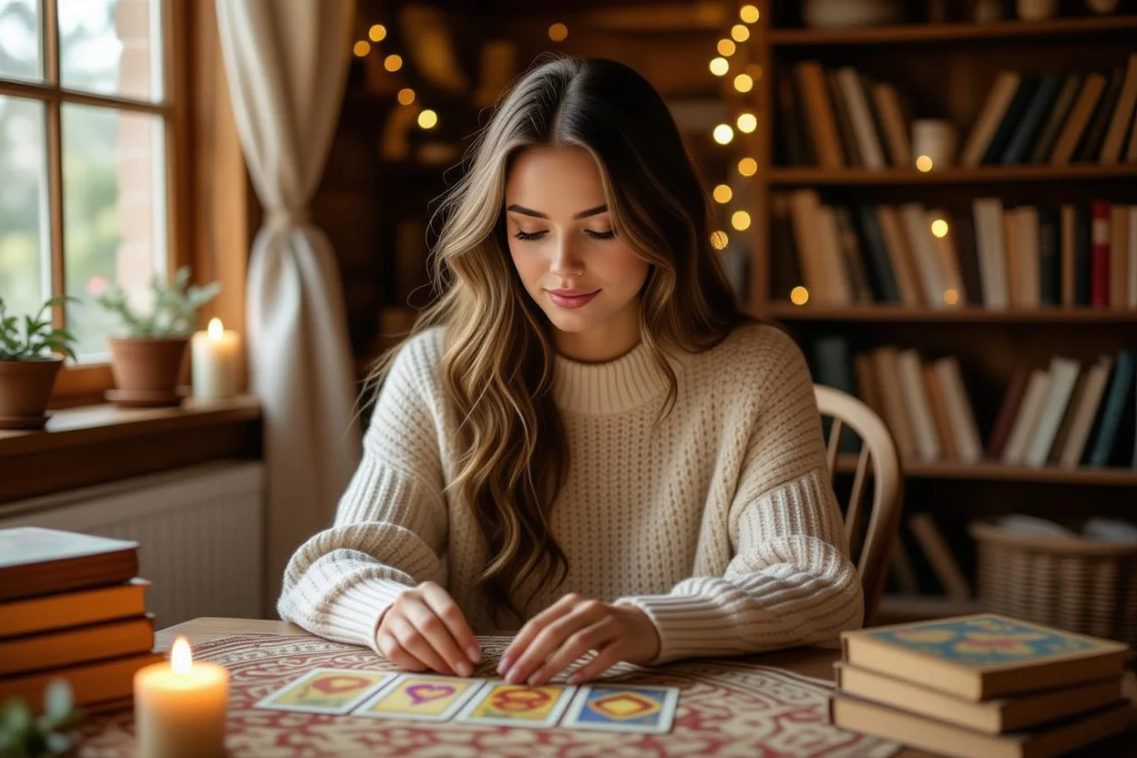恋愛の悩みを解決するためにタロット占いを行う女性、実践的なカード術の様子