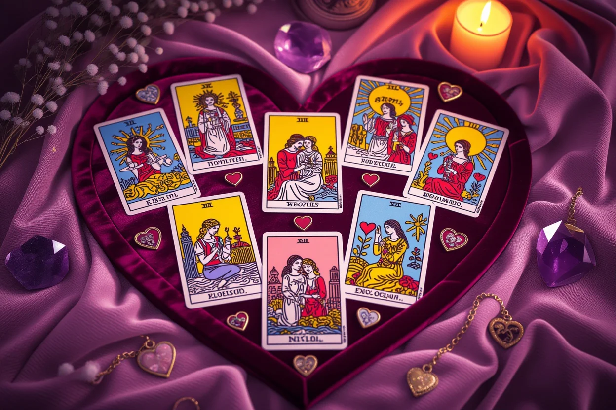 様々な恋愛の悩みを表現するタロットカードの美しい配置、片思いから復縁まで幅広い相談内容