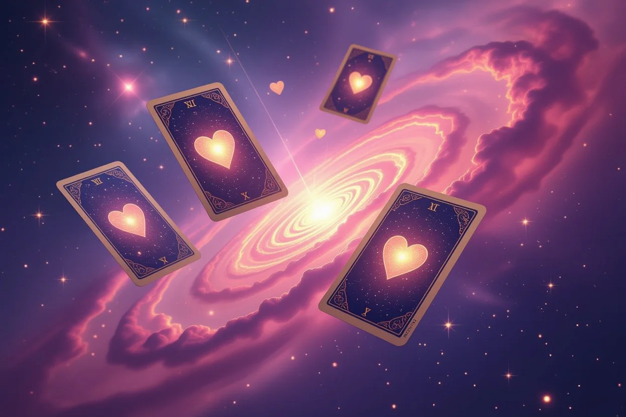 宇宙的エネルギーと恋愛運命を表現したスピリチュアルなタロットイメージ