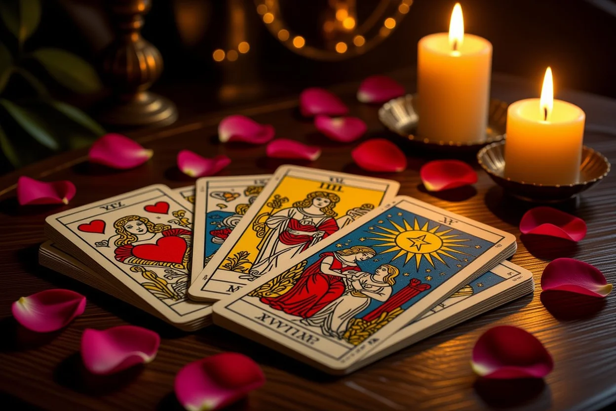 恋愛タロットカード占いの神秘的な雰囲気、キャンドルライトに照らされたタロットカード