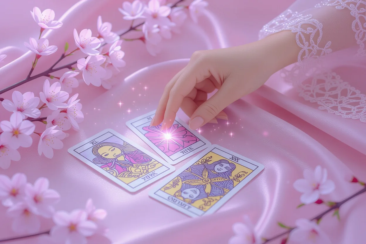 未来を選ぶ恋愛タロット占い、3枚のカードから選択する神秘的なシーン