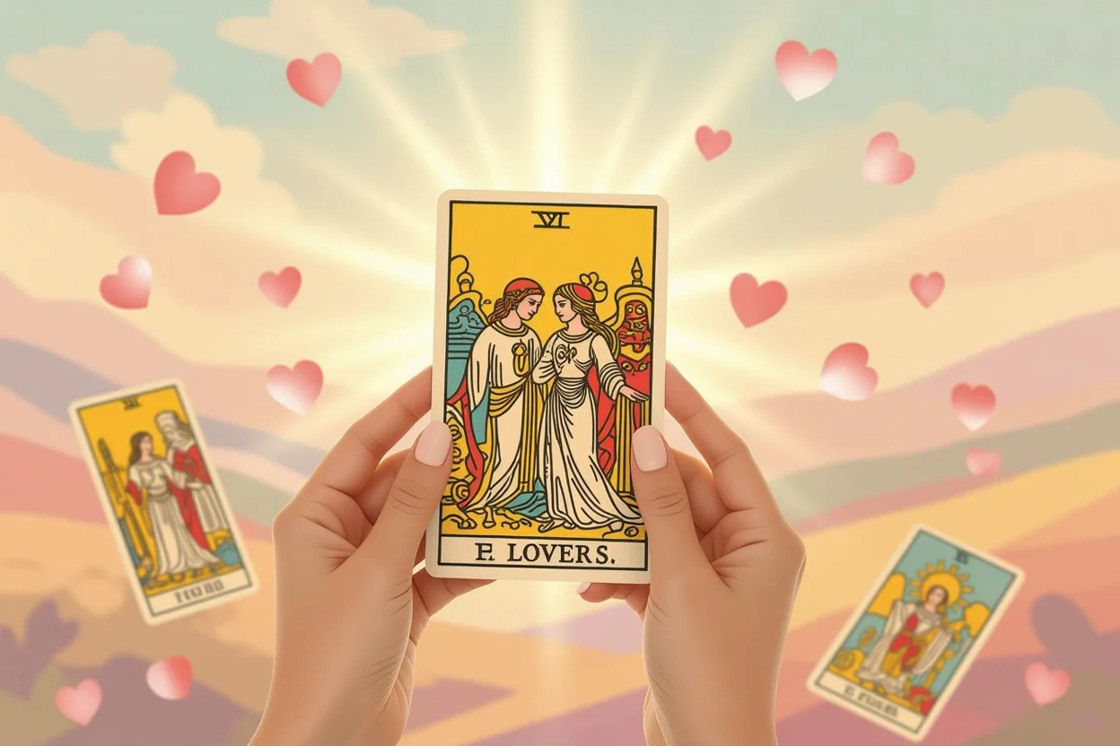 恋人のタロットカードを持つ手、愛の導きと希望を表現した美しいイメージ