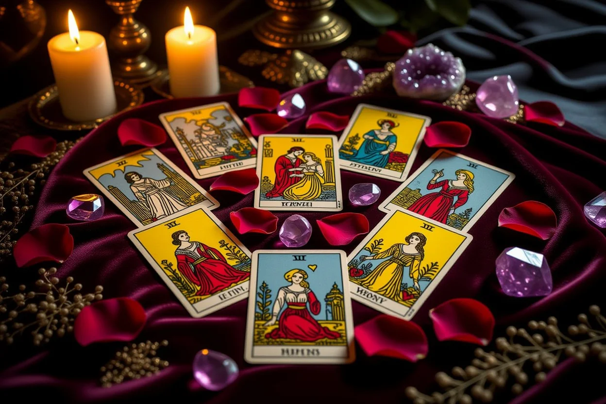 恋愛タロットカードの神秘的なスプレッド - ろうそくの明かりに照らされた恋愛占いのイメージ
