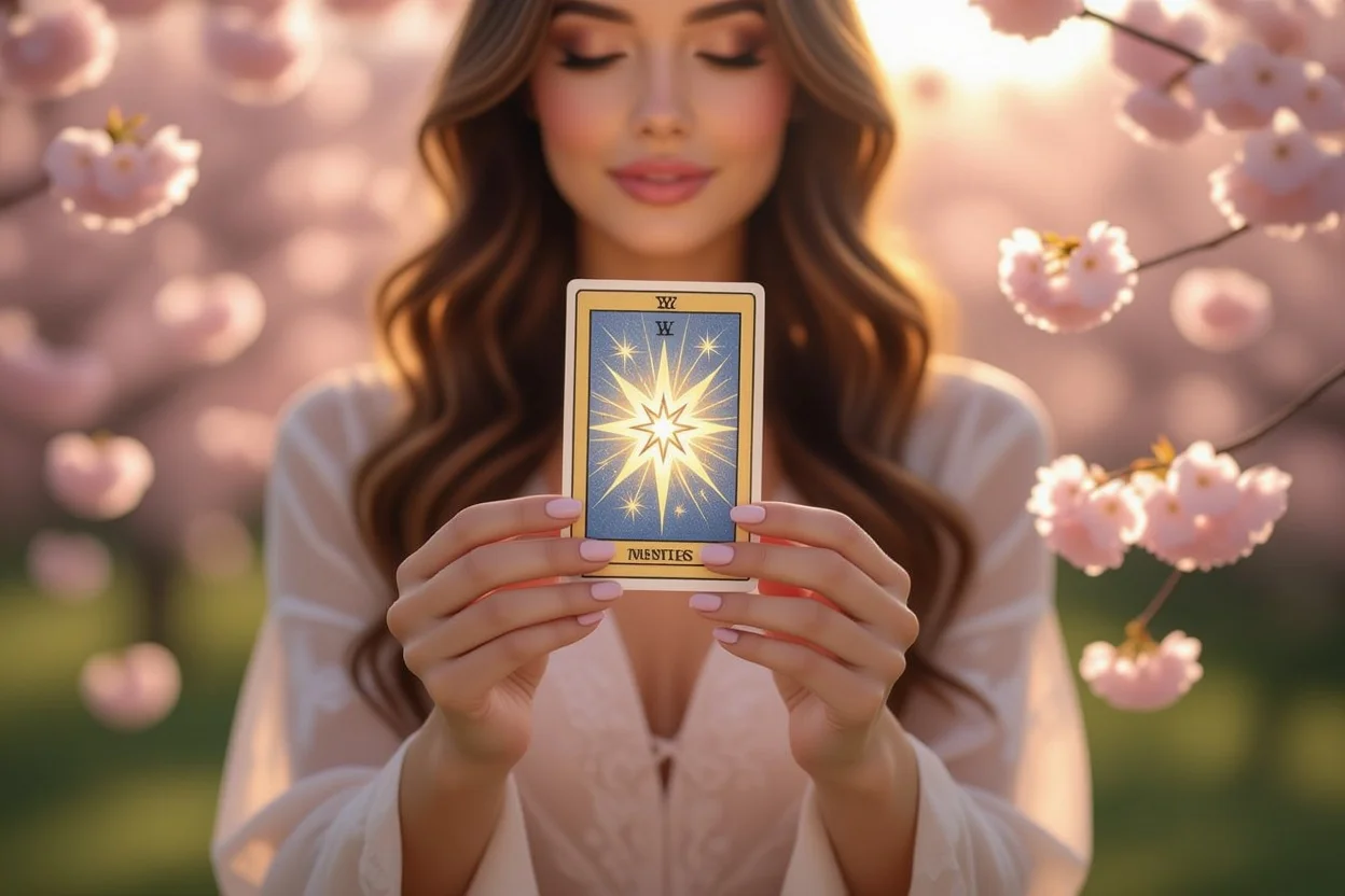 自然体で愛される女性の魅力を表現したタロットカードと桜の花びら