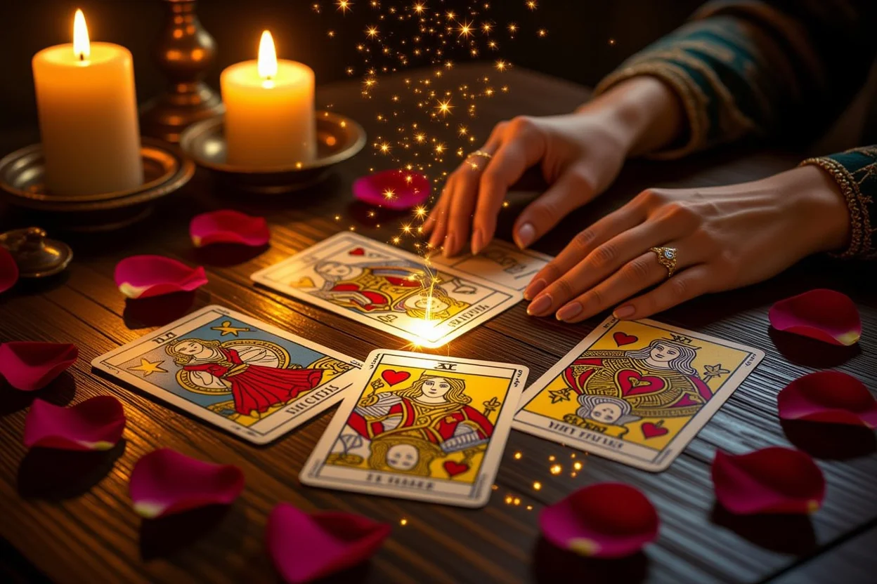恋愛タロットカードの神秘的なスプレッド、キャンドルライトとバラの花びらに囲まれた占いの様子